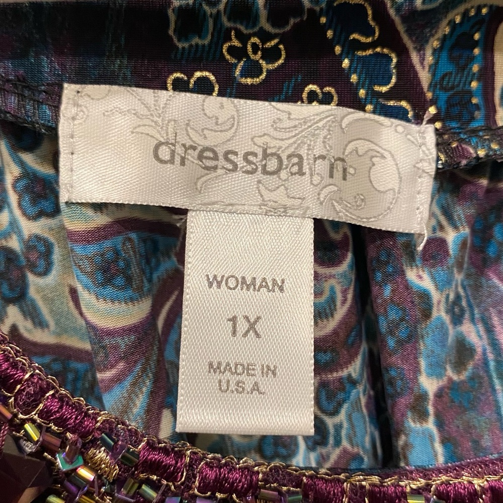 DRESSBARN Y2K Paisley Smocked Blouse Size 1X Beaded Embroidered Mesh Neckline - Picture 9 of 11